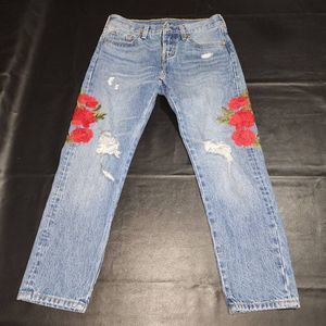 Levi's Womens 501 Embroidered Rose Distressed Button Fly Jeans 25 x 26